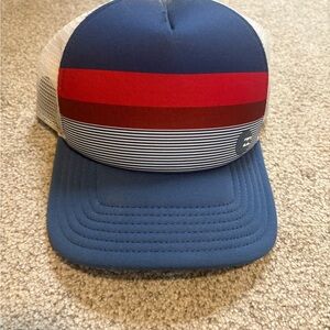 Striped Navy Trucker Cap with Red Accent